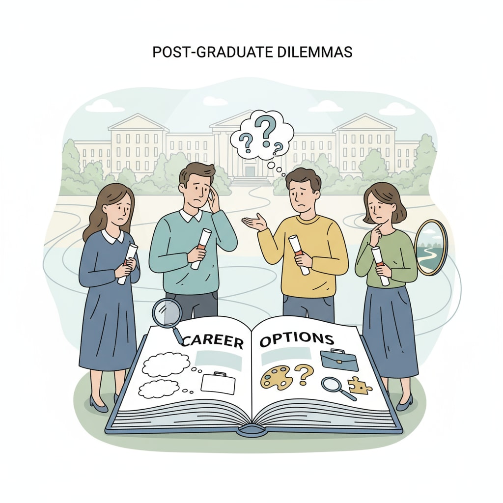 A group of liberal arts graduates looking pensive while considering career options. Liberal arts graduates facing employment dilemmas and thinking about career development.