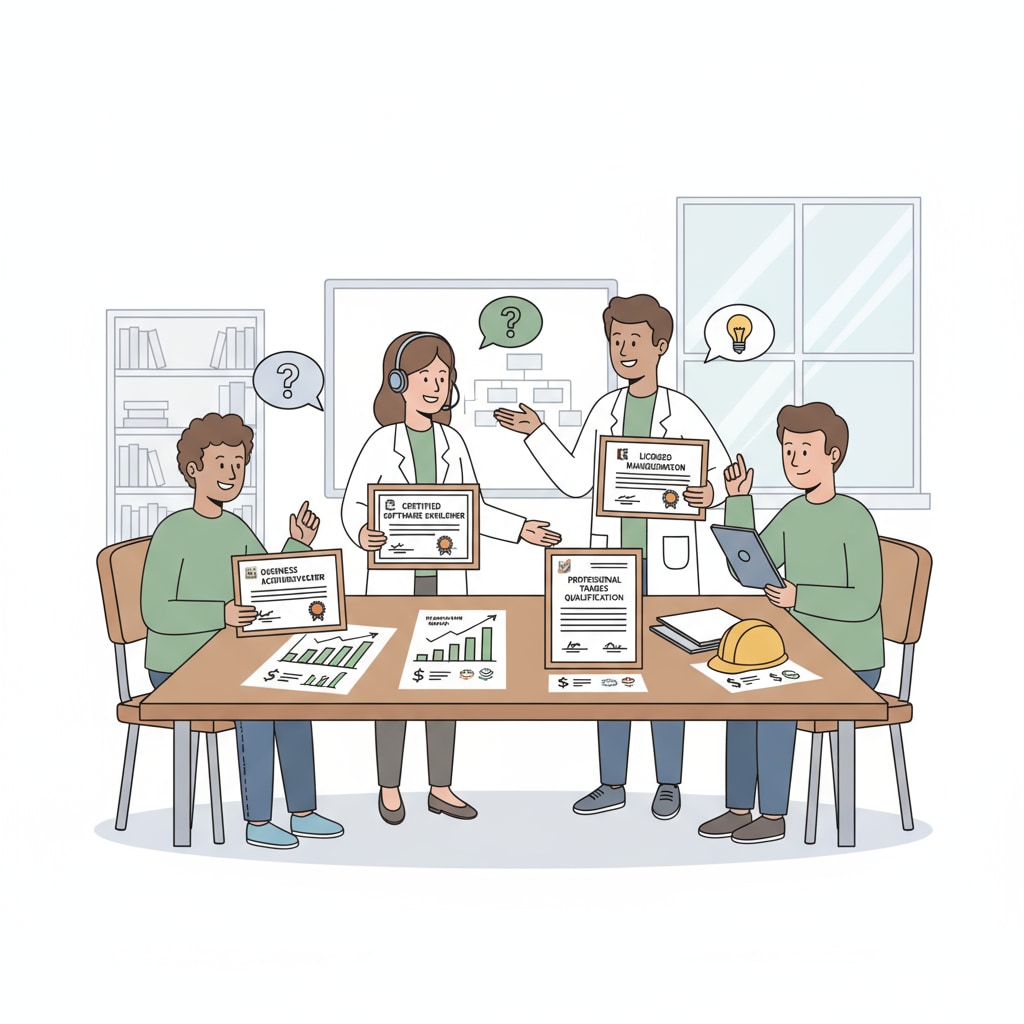 A group of students are gathered around a table, looking at different career certificates spread out. They seem to be discussing the options and their potential values. Students evaluating career certificates in relation to employment value and educational investment