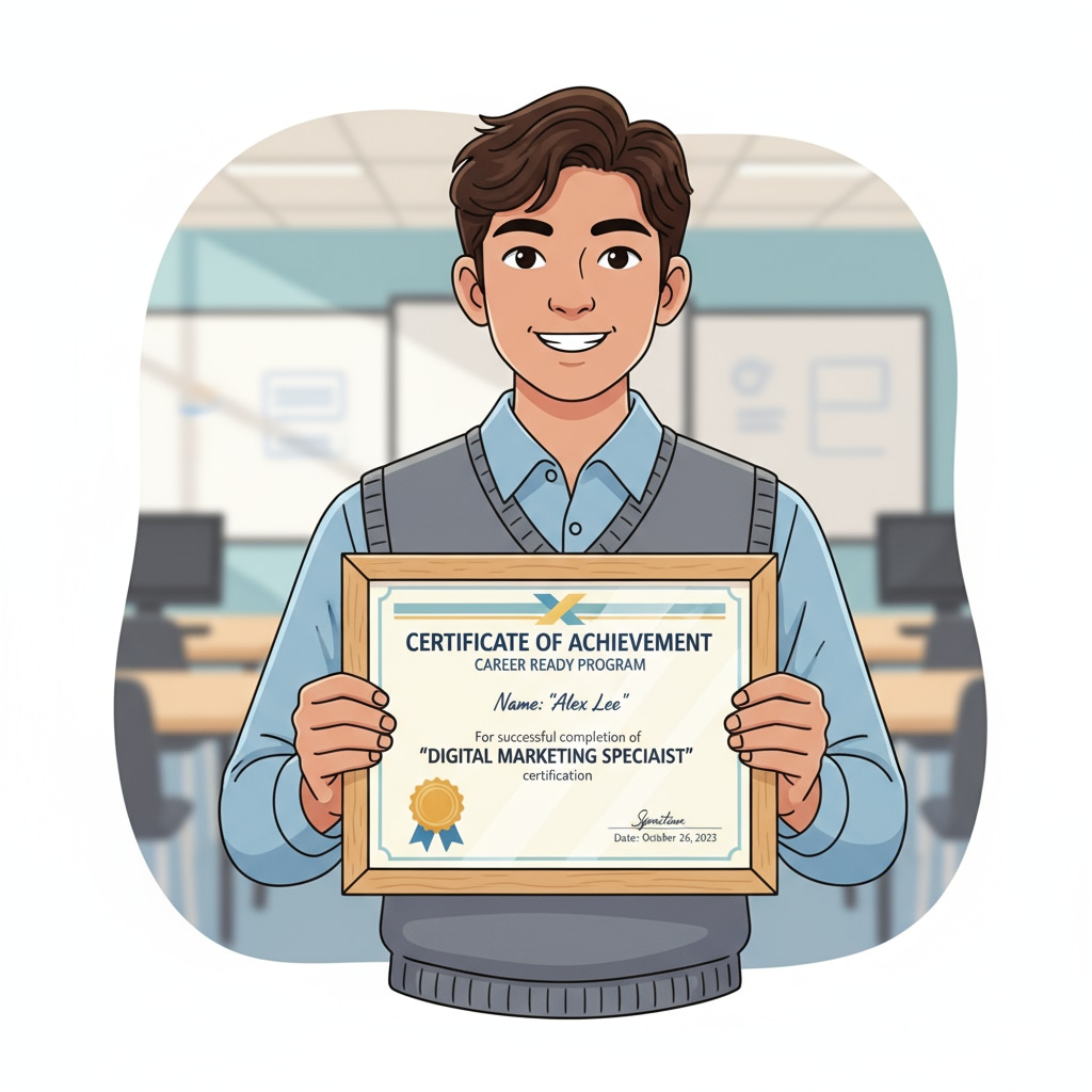 A young student is holding a framed certificate, smiling proudly. The certificate represents an achievement in a particular field, highlighting the sense of accomplishment associated with obtaining a career certificate. Student with a career certificate showcasing educational investment and potential employment value