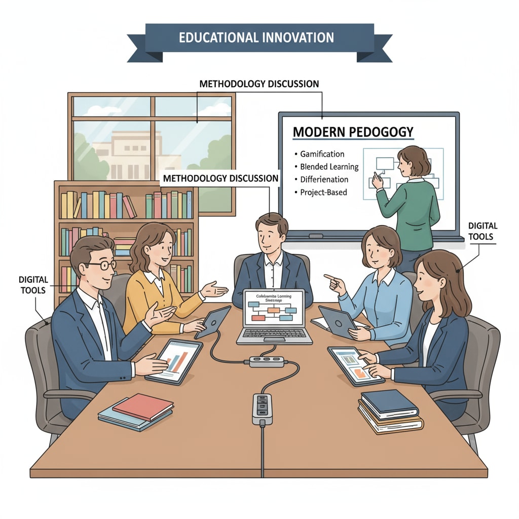 A group of teachers are sitting around a table, discussing teaching methods while using digital devices such as tablets and laptops. Teachers discussing teaching methods with the help of digital devices related to technology- enhanced teaching and workload alleviation