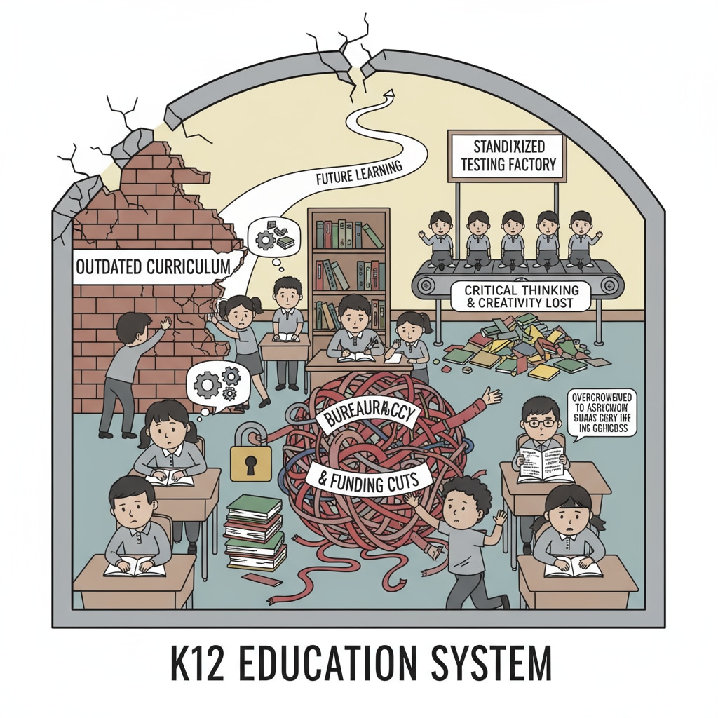 A classroom scene where students seem affected by education system issues, symbolizing the impact on K12 education. Students in a classroom affected by the Federal Union, Ministry of Education, Email Modification, and Government Shutdown.