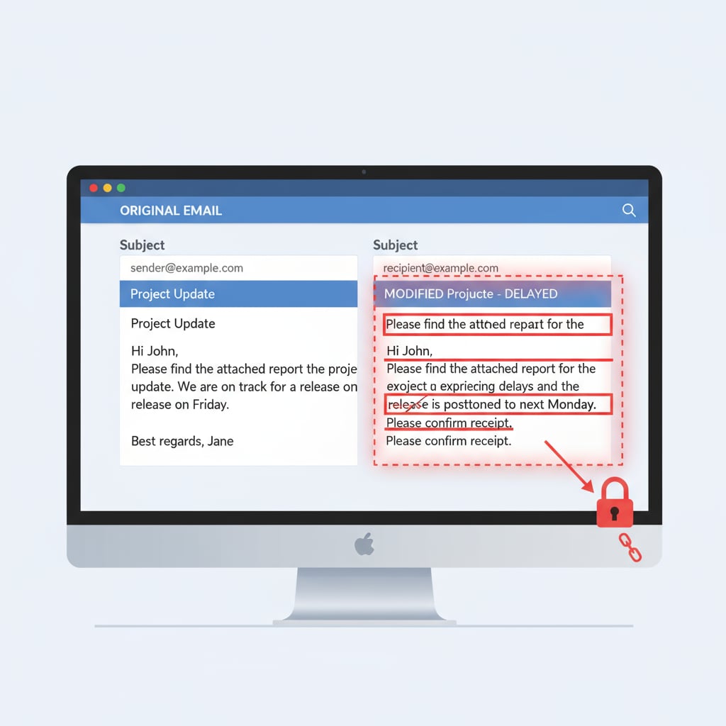 A computer screen display highlighting modified parts of an email, representing the unauthorized email modification. Computer screen showing email modification related to the Federal Union, Ministry of Education, Email Modification, and Government Shutdown.