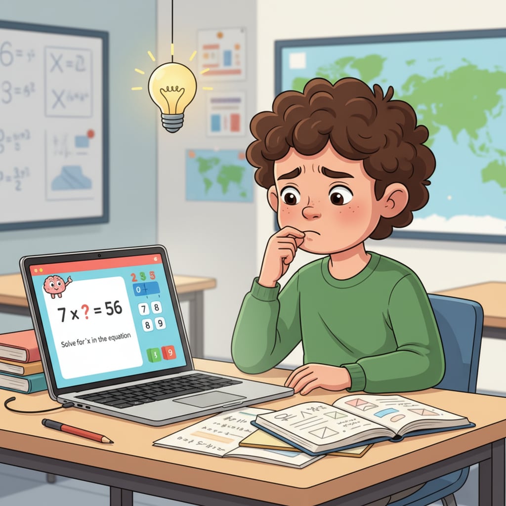 A child is sitting at a study desk, looking a bit perplexed as they use a Chromebook to engage in math learning activities. The screen shows various math problems and interactive elements. A child using a Chromebook for math learning, highlighting digital learning challenges.