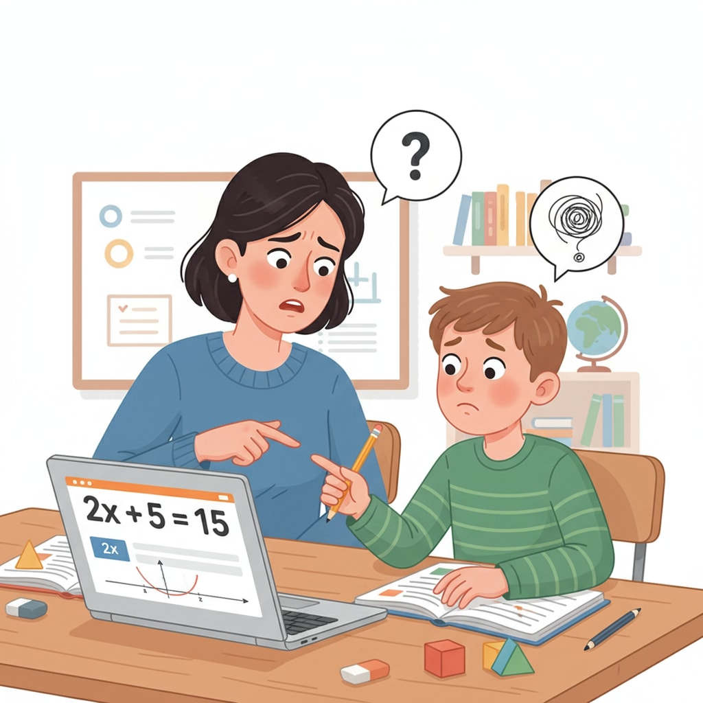 A parent is sitting beside a child, looking concerned as they try to assist with math using a Chromebook. The parent is pointing at the screen, and the child has a confused expression. A parent struggling to help a child with math using a Chromebook, demonstrating parent tutoring difficulties.