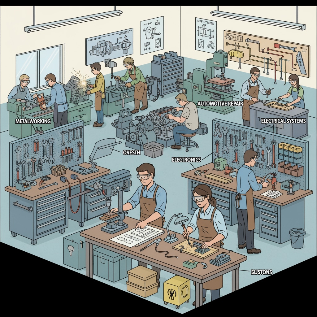 A group of students are actively engaged in learning practical skills in a vocational training workshop, with various tools and equipment around them. Students learning practical skills in vocational training related to employment prospects