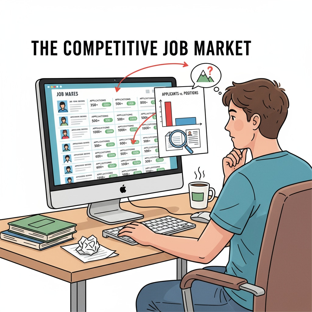 A young person is sitting at a desk, looking intently at job listings on a computer screen, showing the competitive job market situation. Young person looking at job listings, related to employment prospects