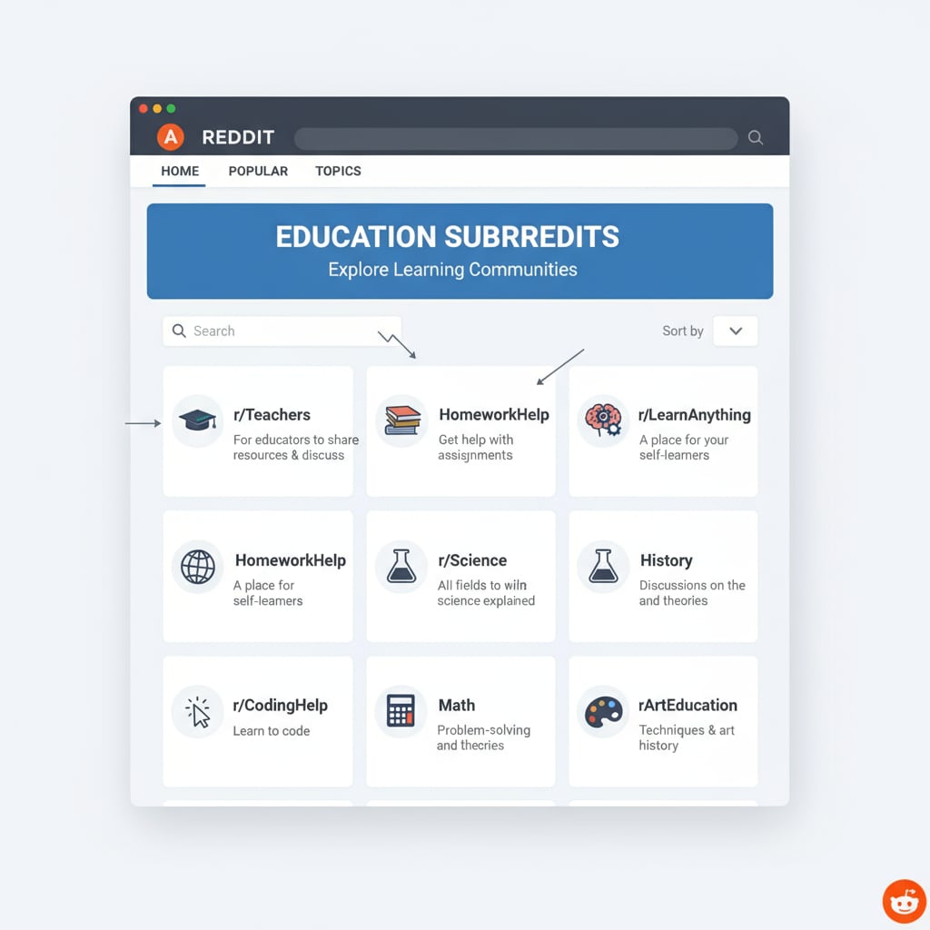 A screenshot of Reddit's education subreddits page with various educational topics listed. Screenshot of Reddit education subreddits showing community rules, educational networks, and subreddit resources.