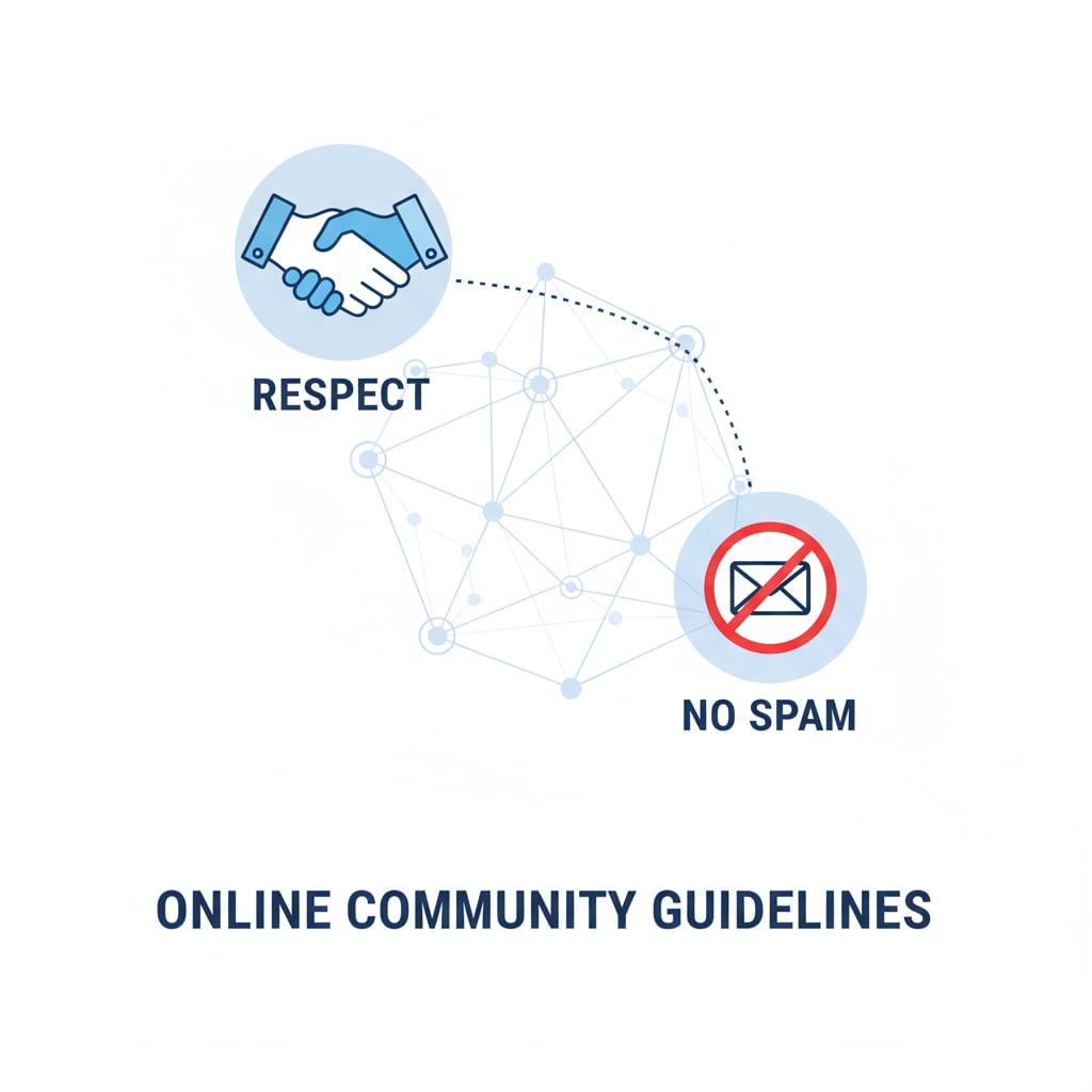 A graphic with symbols of hands shaking (representing respect) and a crossed-out envelope (representing no-spam) in an online community setting. Graphic depicting respect and no-spam in the context of Reddit's education community rules, networks, and resources.