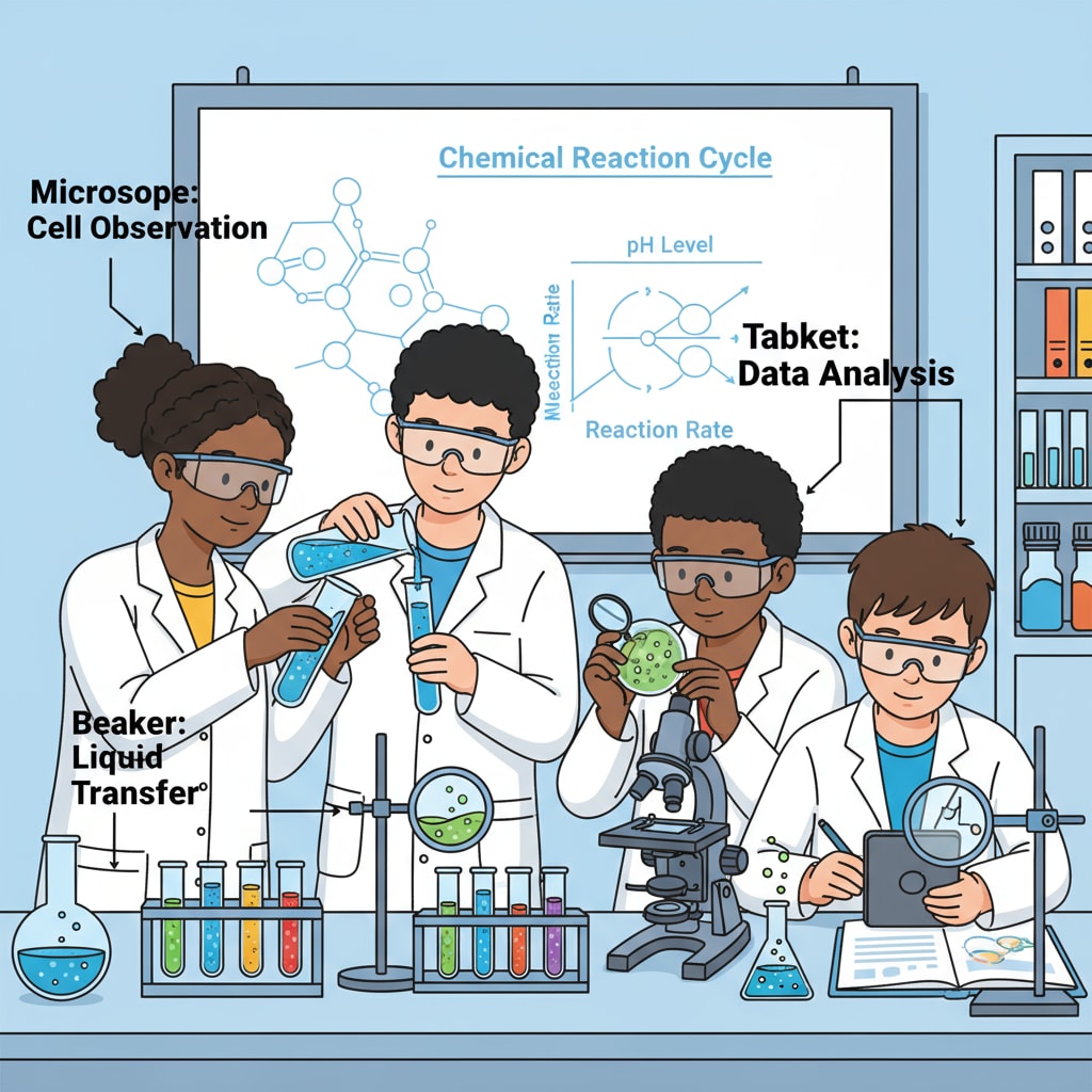 A group of students is conducting a science experiment, carefully observing and analyzing the results. Students engaged in practical learning activity to enhance their entrepreneurial skills