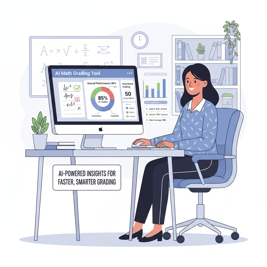 A teacher is sitting in front of a computer, using an AI math grading tool to assess students' work. The screen shows a dashboard with grading results and analytics. A teacher using an AI math grading tool to save time and manage workload