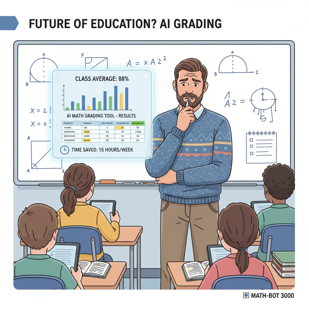 A teacher is standing in front of a classroom whiteboard, looking at a screen that displays AI math grading tool results. There is a mix of relief and concern on the teacher's face as they consider the implications for their workload. A teacher evaluating the impact of AI math grading tools on their workload