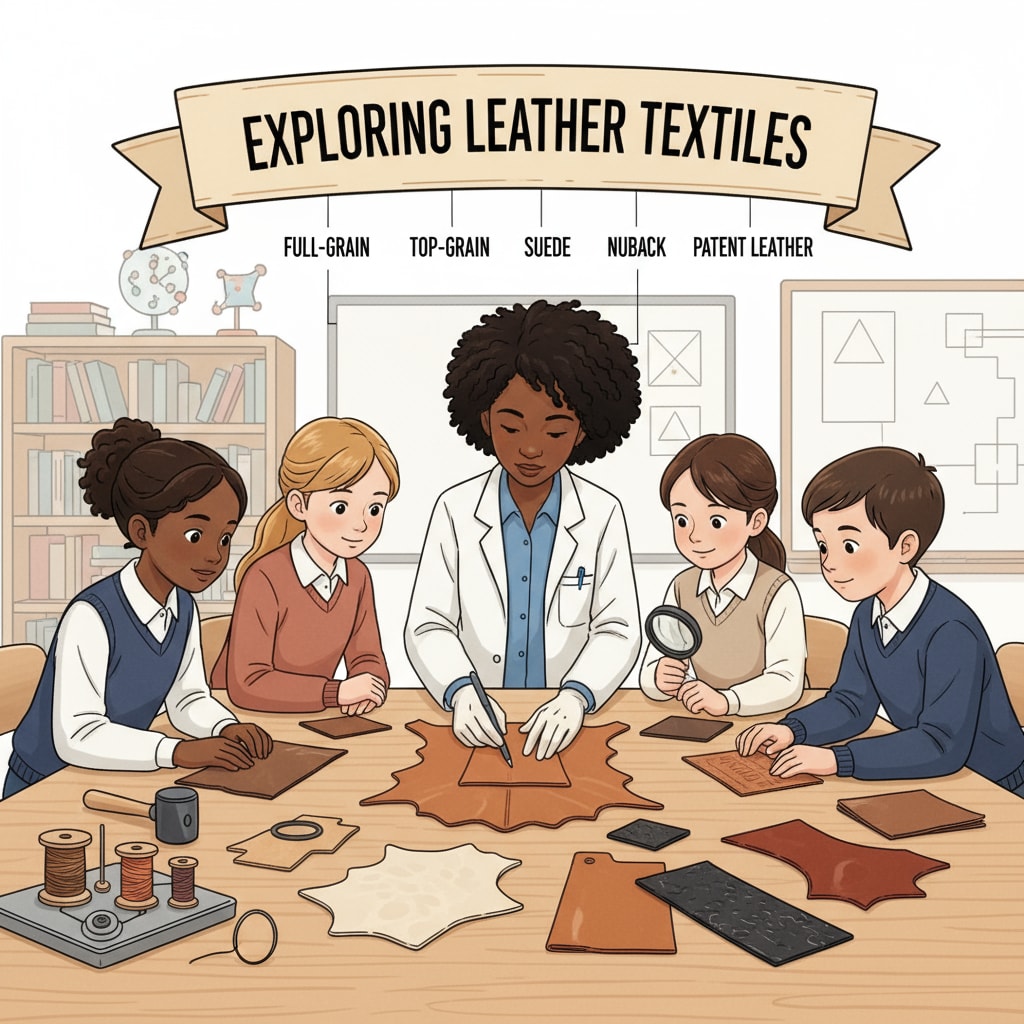A group of children are gathered around a table, looking closely at different types of leather materials laid out in front of them. Children observing leather materials in a leather education class