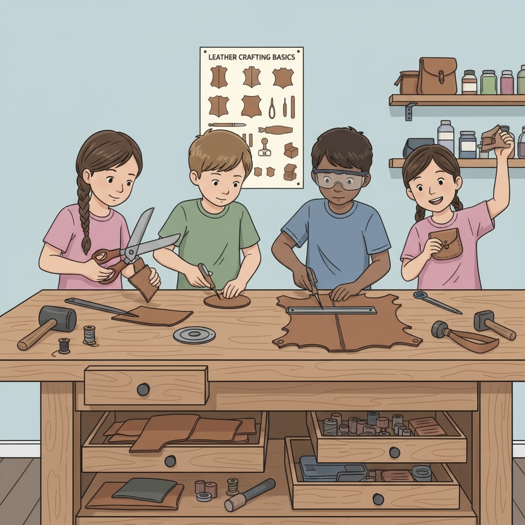 A few children are sitting at a workbench, using various tools such as scissors and awls to cut and shape pieces of leather. Children using tools to work on leather in a leather education session