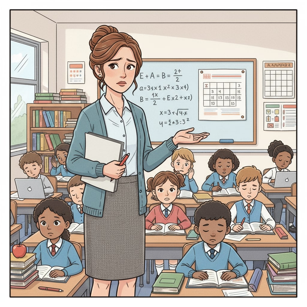 A teacher is standing in front of a classroom with a slightly worried expression, showing the challenges they face. A teacher facing challenges in the context of public education controversies, parent complaints, teacher challenges, and curriculum disputes