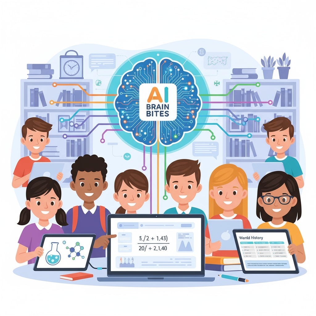An illustration showing students of different ages using laptops, tablets, and smartphones to access educational content generated by AI Brain Bites. The screens display various educational topics like math equations, historical facts, and scientific diagrams. Students engaged in learning with AI Brain Bites' educational knowledge points