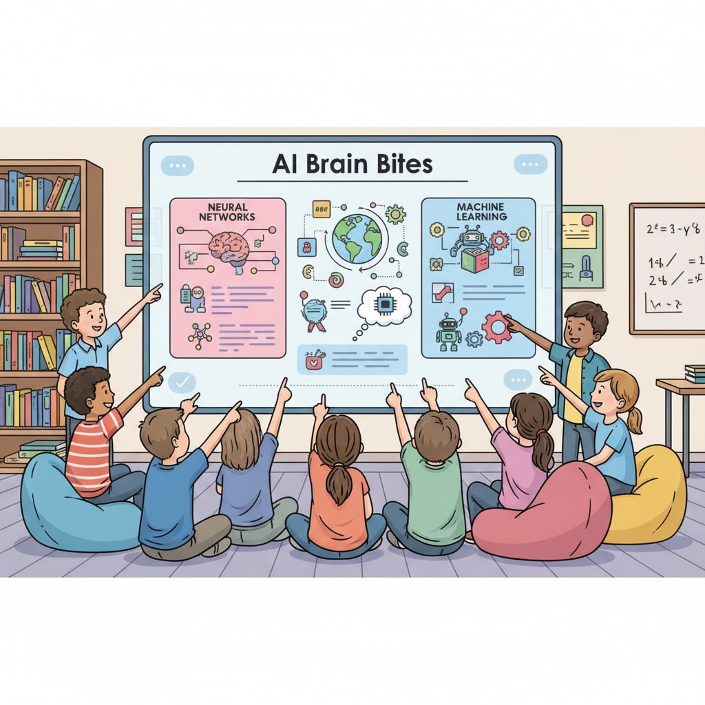 A group of students sitting around a large screen, looking excited and pointing at the content which features educational facts and images from AI Brain Bites. Students showing enthusiasm for AI Brain Bites' educational content