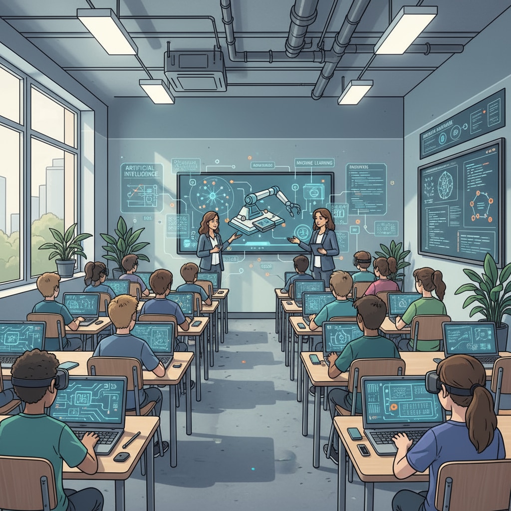 A classroom scene where students are actively participating in AI-related educational activities, with laptops and interactive displays. Students engaged in artificial intelligence education activities in a K12 classroom setting with ZynTiQ's lifetime membership and course certification benefits in mind.