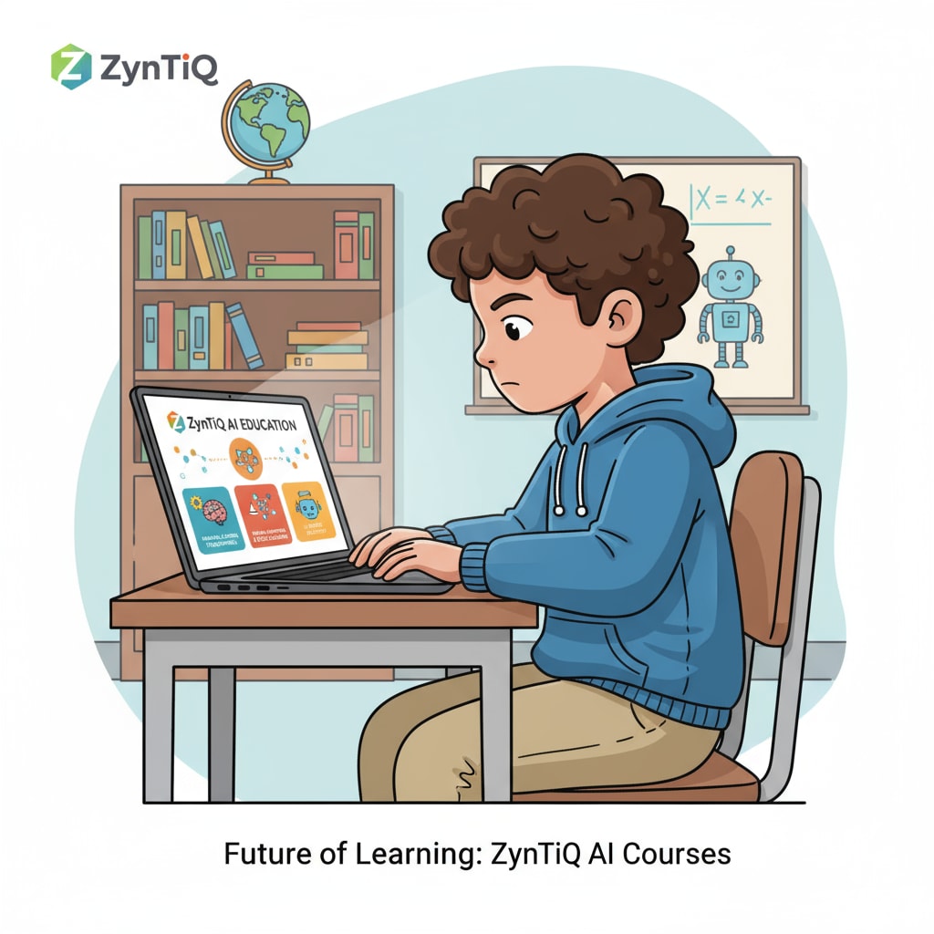 A young student sitting at a desk, concentrating on a laptop screen while accessing ZynTiQ's artificial intelligence education courses. Student accessing ZynTiQ's artificial intelligence education courses as a lifetime member, working towards course certification.