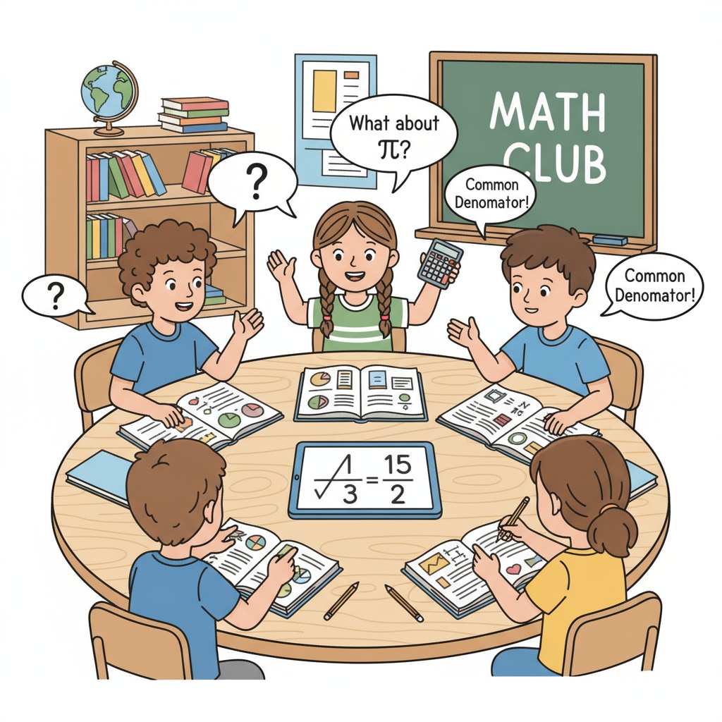 A group of 9-year-old children sitting around a table, looking at math books and having a discussion about math problems. 9-year-old children engaged in math discussion for educational tutoring