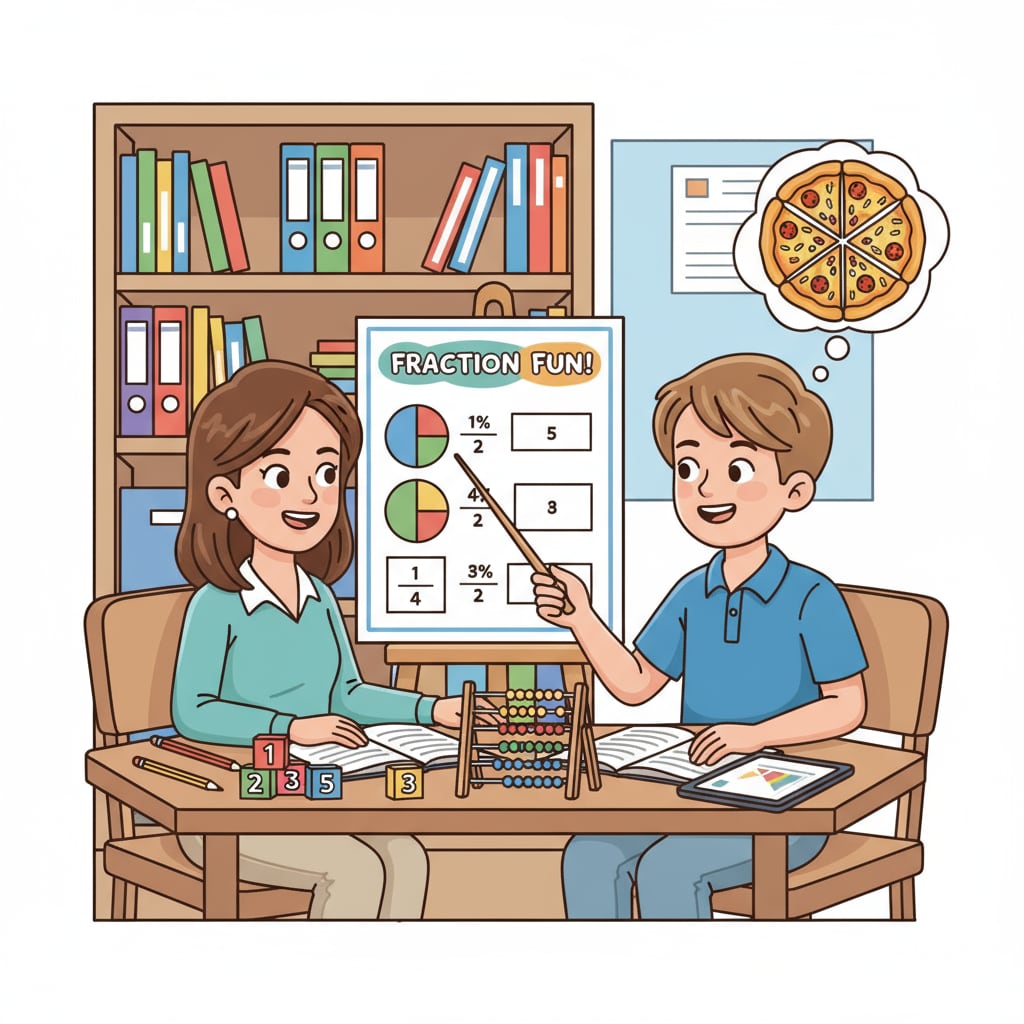 A teacher explaining math concepts to a 9-year-old student in a one-on-one tutoring session, using visual aids. A teacher providing educational tutoring to a 9-year-old for math improvement