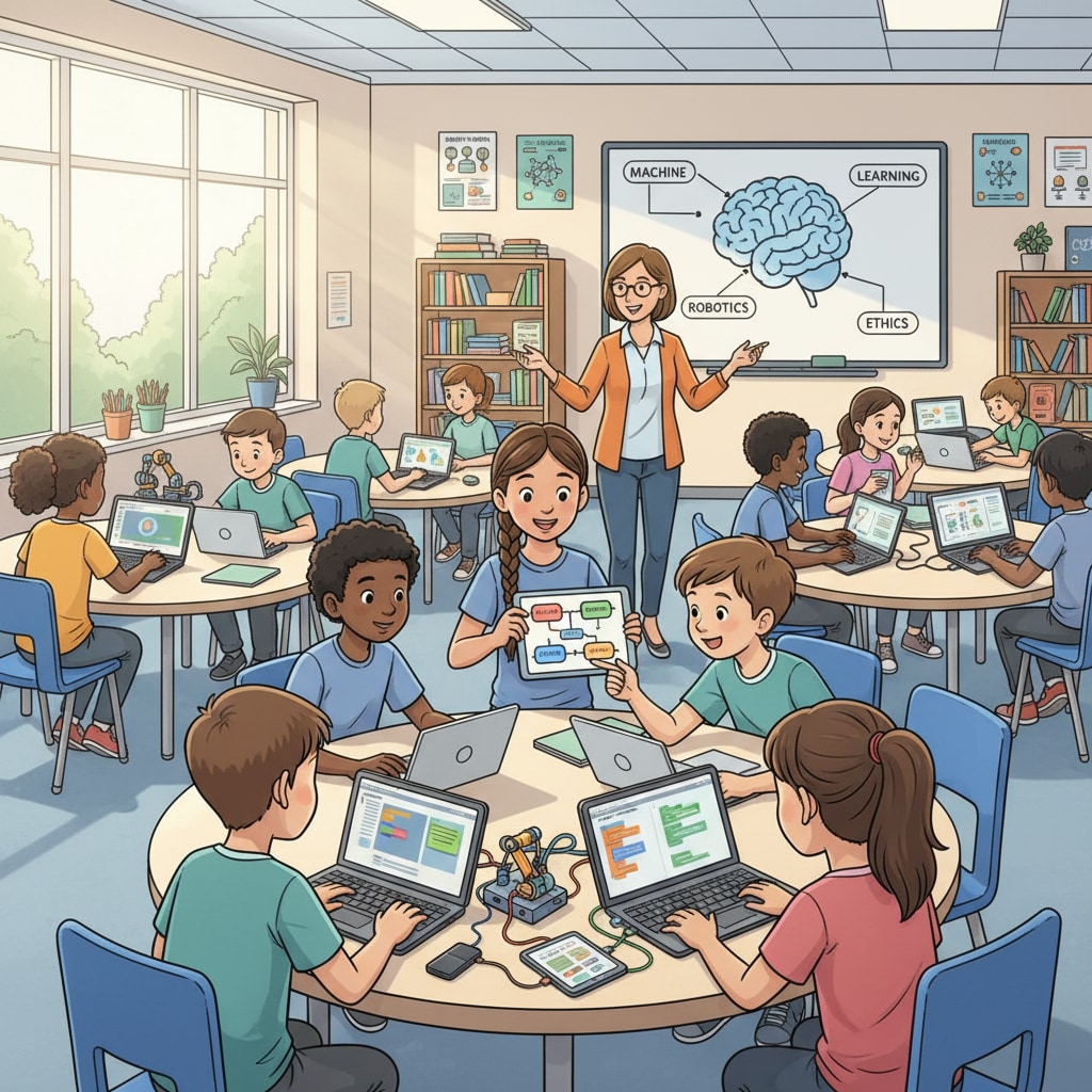 Students in a K12 classroom are using tablets and laptops to learn about AI concepts. They are engaged in discussions and hands-on activities related to AI. K12 students learning AI courses for educational development with digital devices