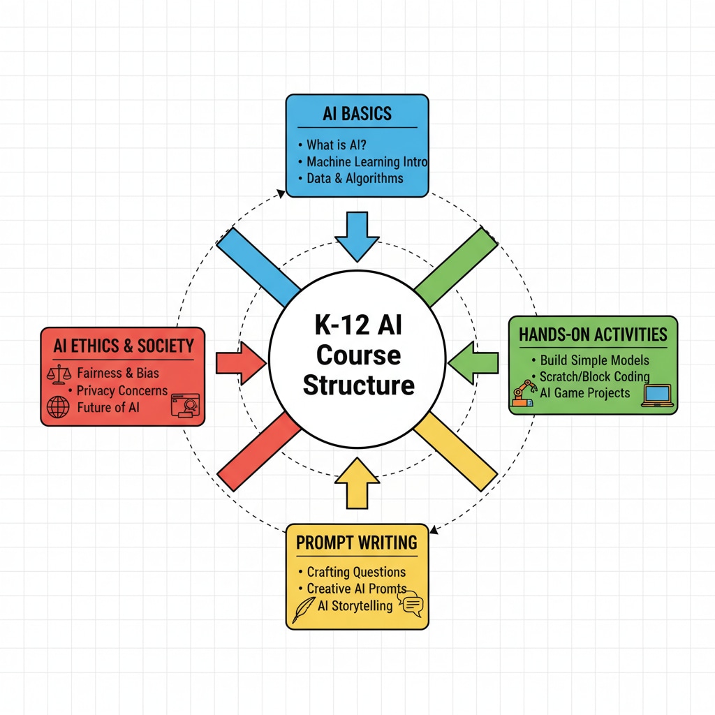 A diagram shows the different parts of an AI course structure for K12 students, including basics, hands-on activities, prompt writing, and ethics. Structure of AI courses for K12 students focusing on educational development