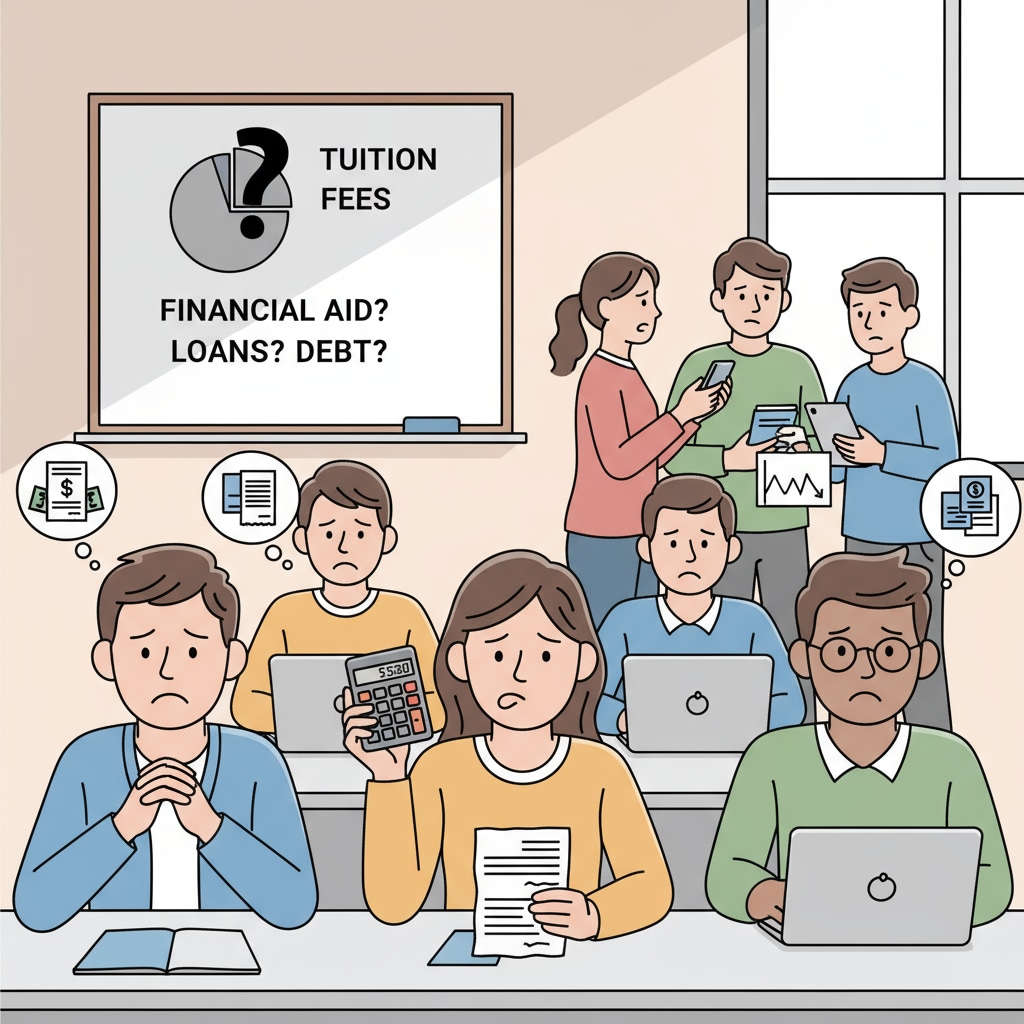 The image shows students in a classroom. Some of them have worried looks on their faces, which might be due to the financial stress they are experiencing regarding their tuition fees. Students facing economic hardship related to tuition fees