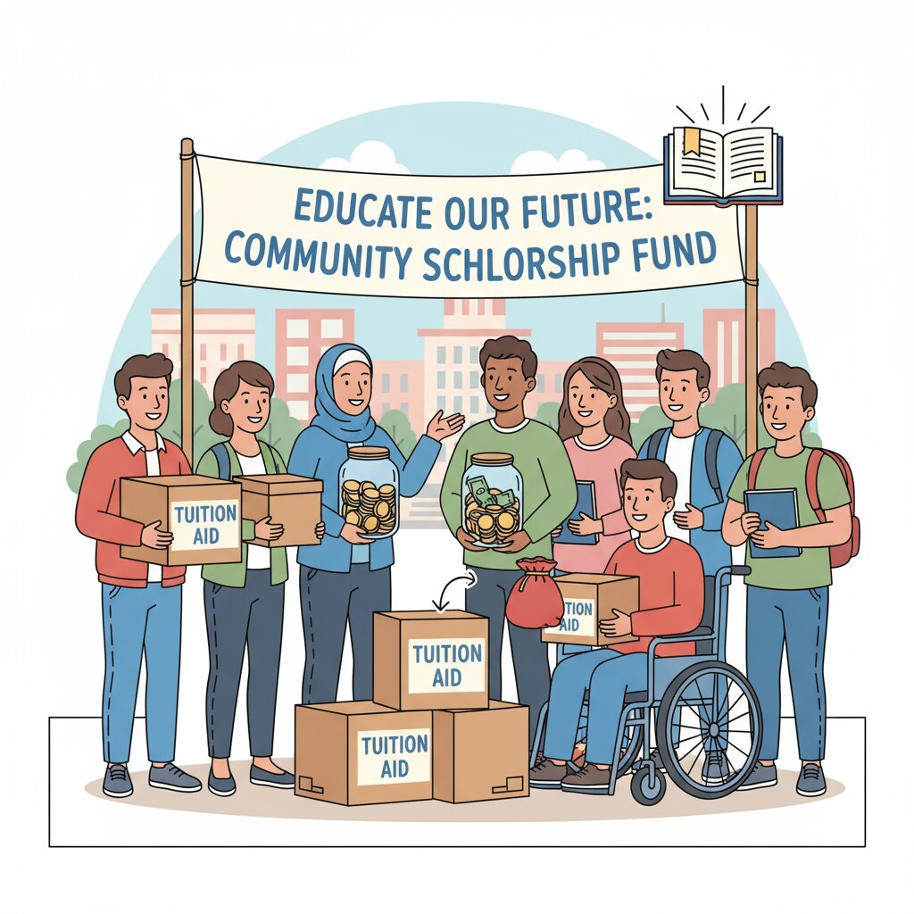 This picture depicts a group of community members coming together. They are holding donation boxes and showing their willingness to contribute money to help students pay their tuition fees. Community members donating for students' tuition fees