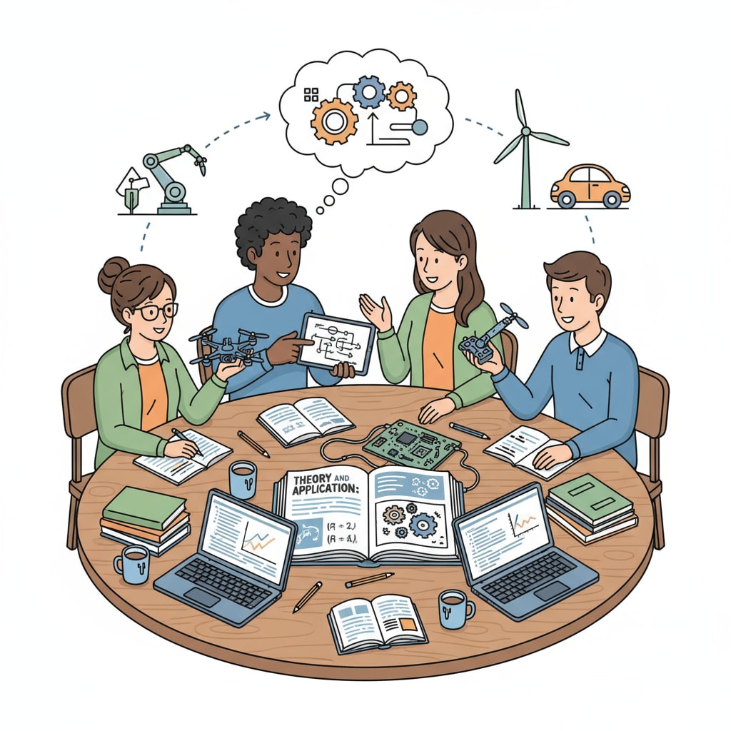 A group of students are gathered around a table, discussing a theory while referring to practical examples laid out in front of them. This represents the interaction between theory and practical learning. Students engaged in theory learning with practical examples to enhance learning efficiency for those with attention deficits and hands-on learning styles