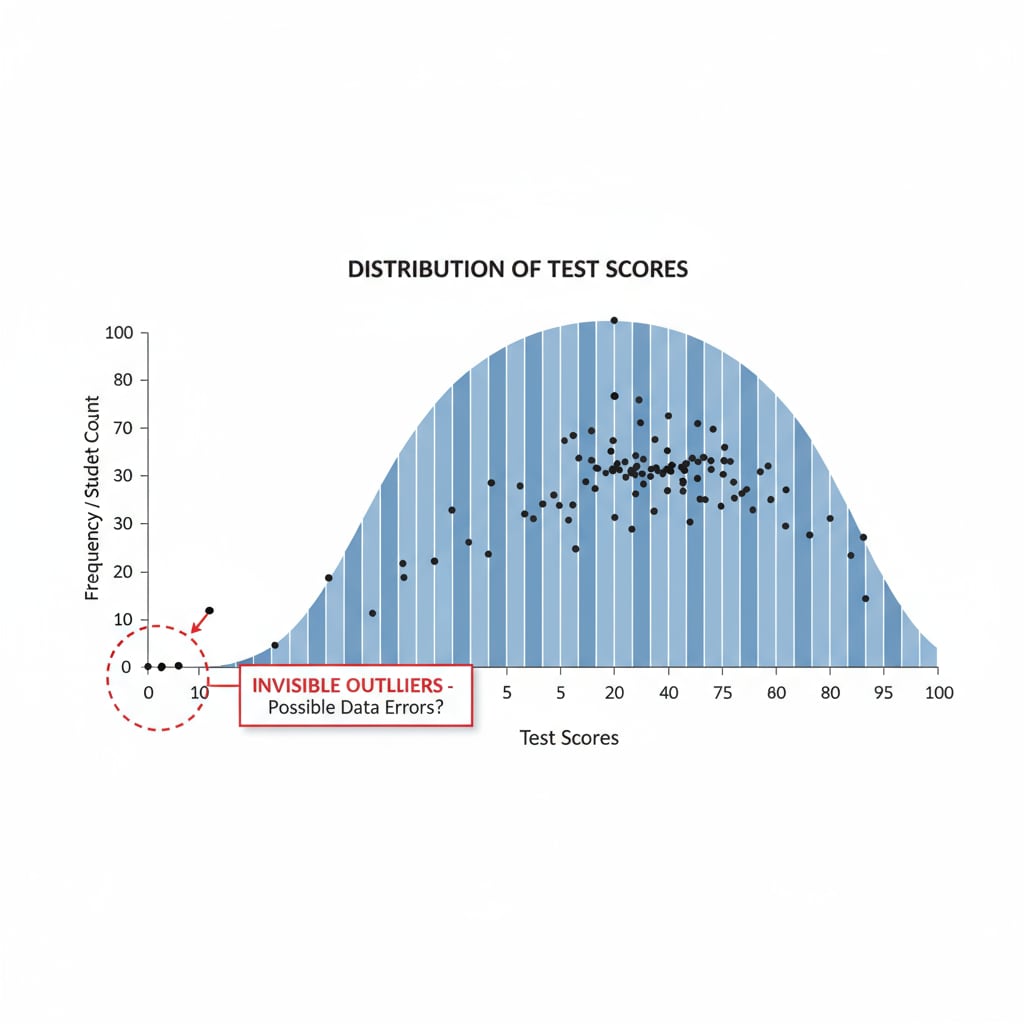 A graph shows the distribution of test scores. There are some data points that seem to be separated from the main cluster of data, indicating possible Graph of test scores distribution with potential invisible outliers related to datasets, test scores, and distribution representativeness