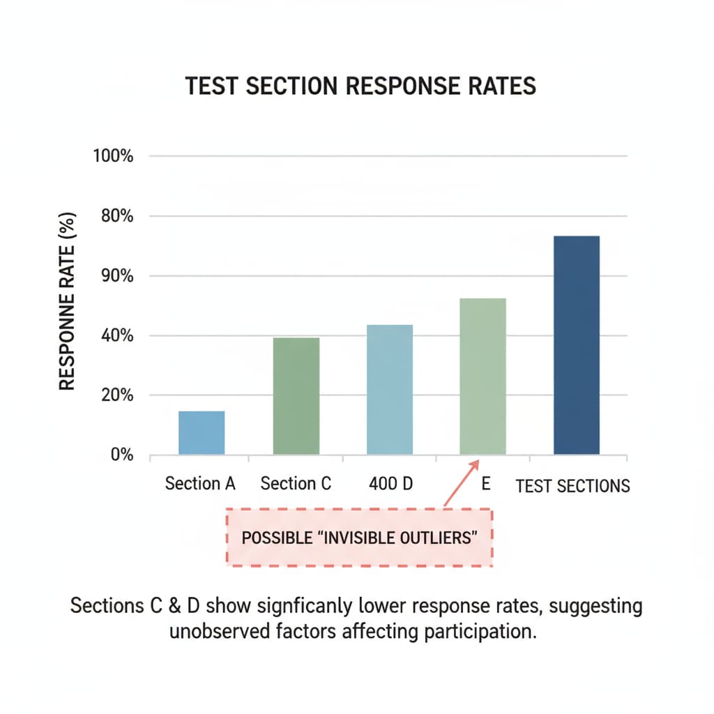 A bar chart compares the response rates of different sections in a test. Some sections have significantly lower response rates, which could be a sign of Bar chart showing response rates of test sections related to datasets, test scores, and distribution representativeness