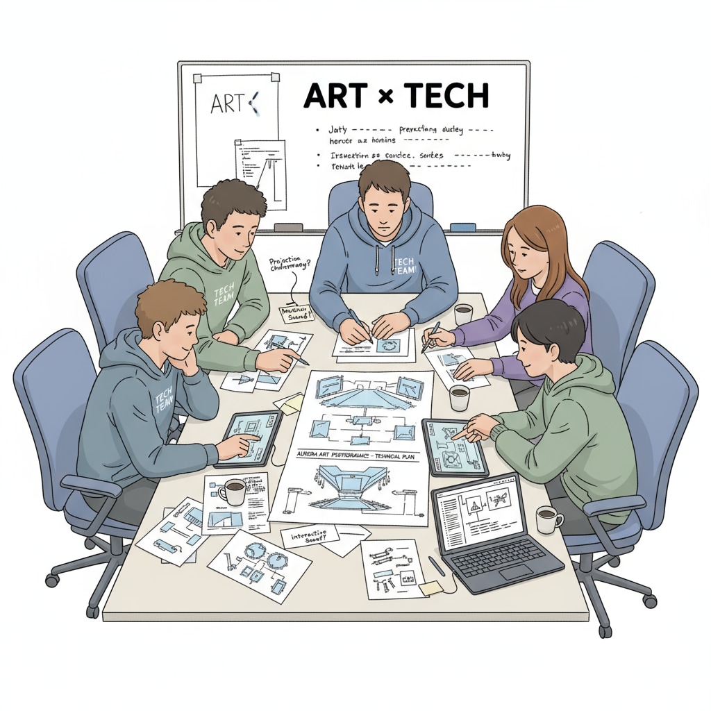 A group of school technology team members are sitting around a table, discussing and planning for an upcoming art performance. They are looking at sketches and notes related to the performance's technical requirements. School technology team members discussing art performance support plans