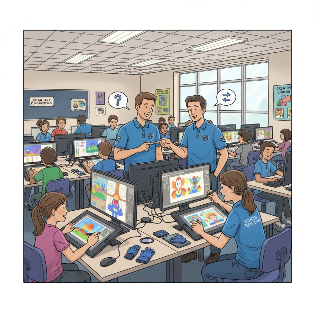 In a school computer lab, students are using digital art tools under the guidance of school technology team members. The team members are walking around, helping students with software operations and answering their questions. Students using digital art tools with the guidance of school technology team members