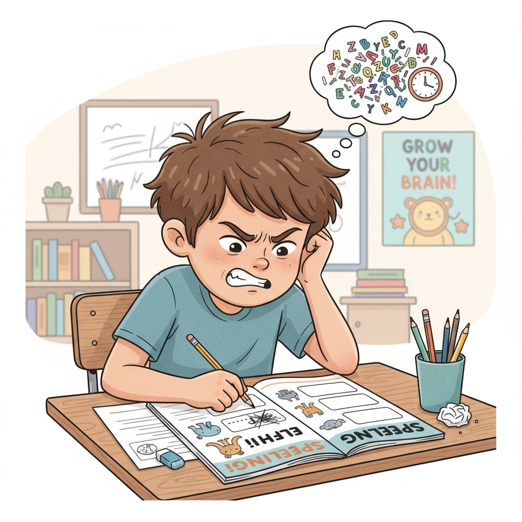 A child with ADHD is sitting at a desk, looking frustrated while trying to spell words from a workbook. A child with ADHD struggling with spelling practice
