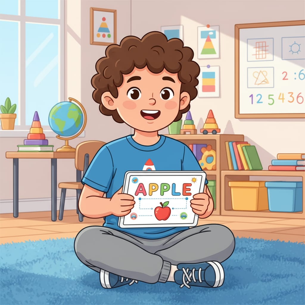 A young child is happily playing a spelling game on a tablet, with colorful letters and images on the screen. A child using a learning app for spelling practice