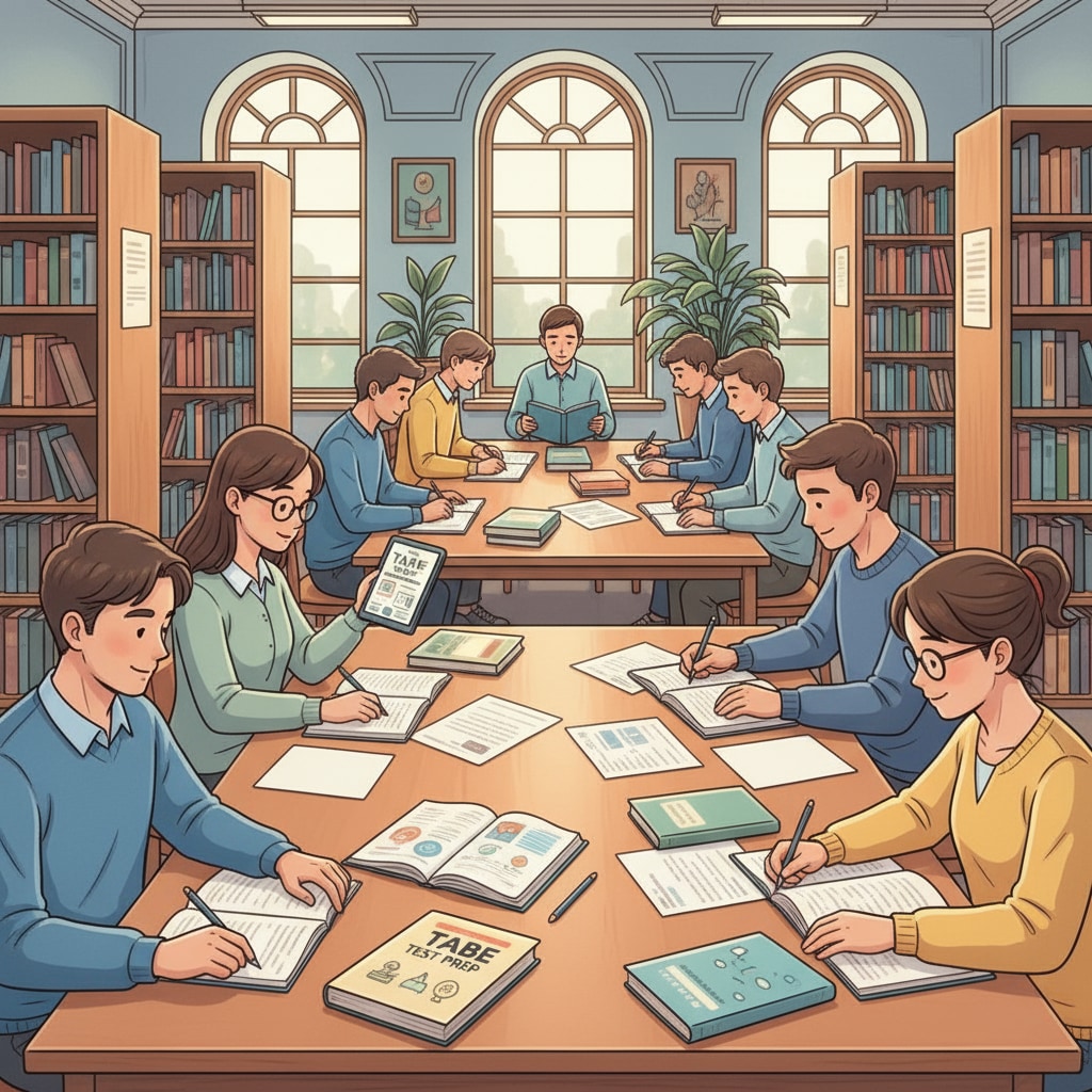 A group of young people are sitting at tables in a library, studying books and papers related to TABE tests. Young people studying for TABE tests in a library