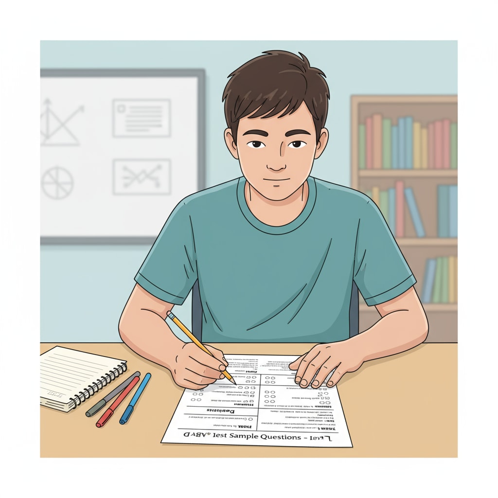 A student is sitting at a desk, carefully looking at sample questions for the TABE tests on a sheet of paper. Student analyzing TABE test sample questions