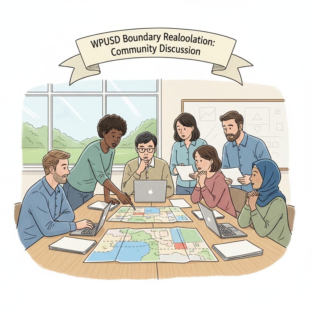 A group of parents are gathered around a table, discussing the potential impacts of the WPUSD boundary reallocation. Some are looking at maps, while others are sharing their thoughts. Parents discussing WPUSD boundary reallocation