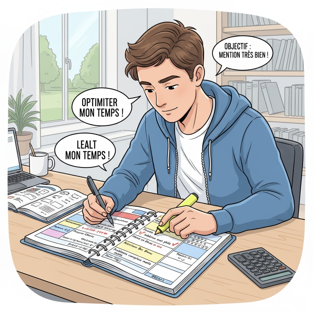 A student is sitting at a desk, carefully using a planner to allocate study time for different subjects related to the baccalauréat. They are marking important tasks and setting aside breaks. Student using a planner for baccalauréat study time management