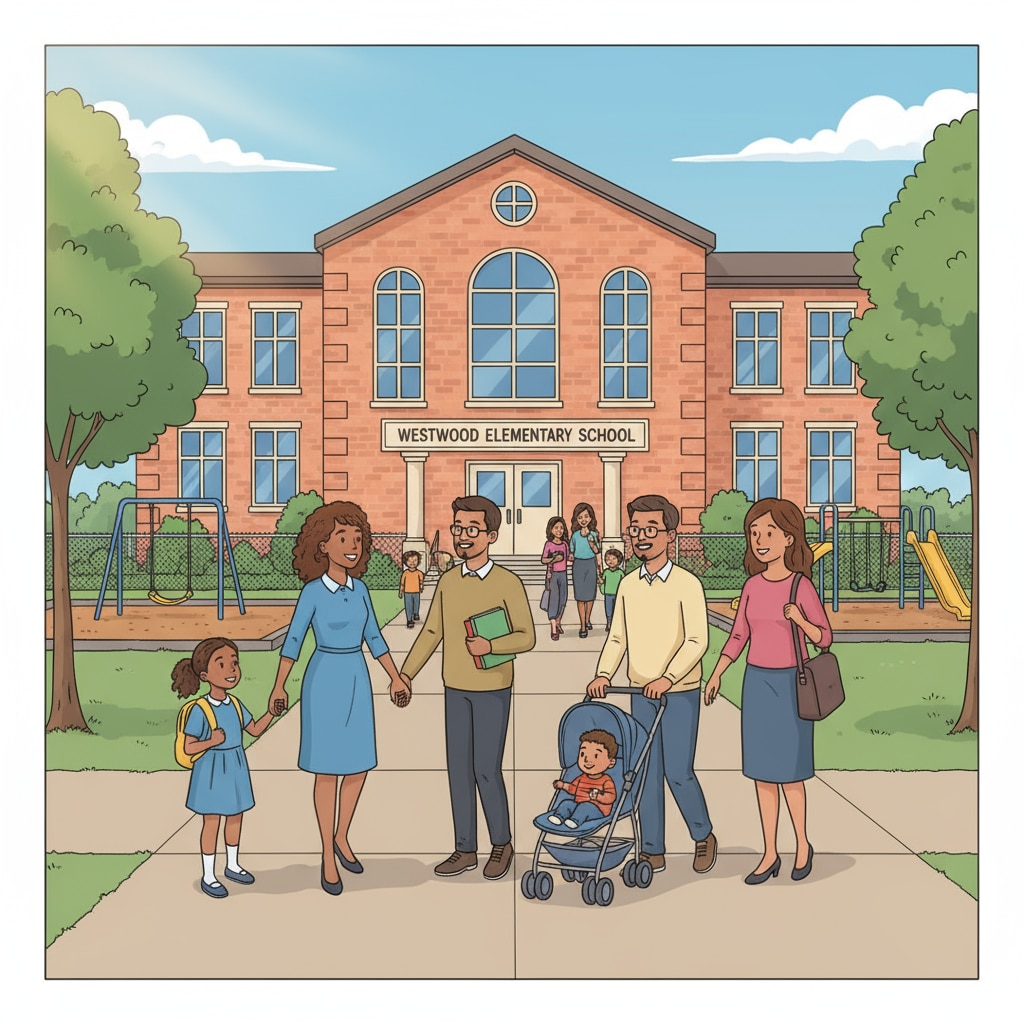 A group of parents and children are walking towards the entrance of a public school building, showing the start of a school visit. Parents and children starting a public school visit for education choices