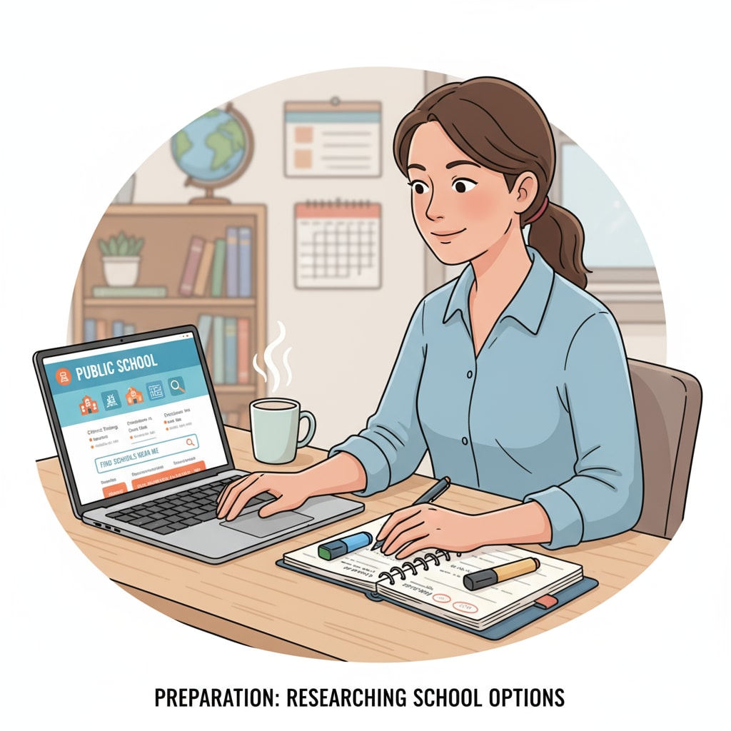 A parent is sitting at a desk, concentrating on researching public schools on a laptop, indicating the preparation stage before a school visit. Parent researching public schools for education choices before a school visit