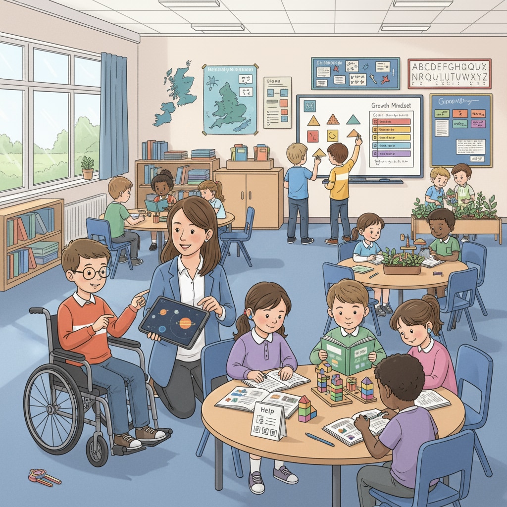 A classroom scene in a UK school with students of different abilities learning together shows an inclusive learning environment. Classroom scene in a UK school for students with special needs related to return to education