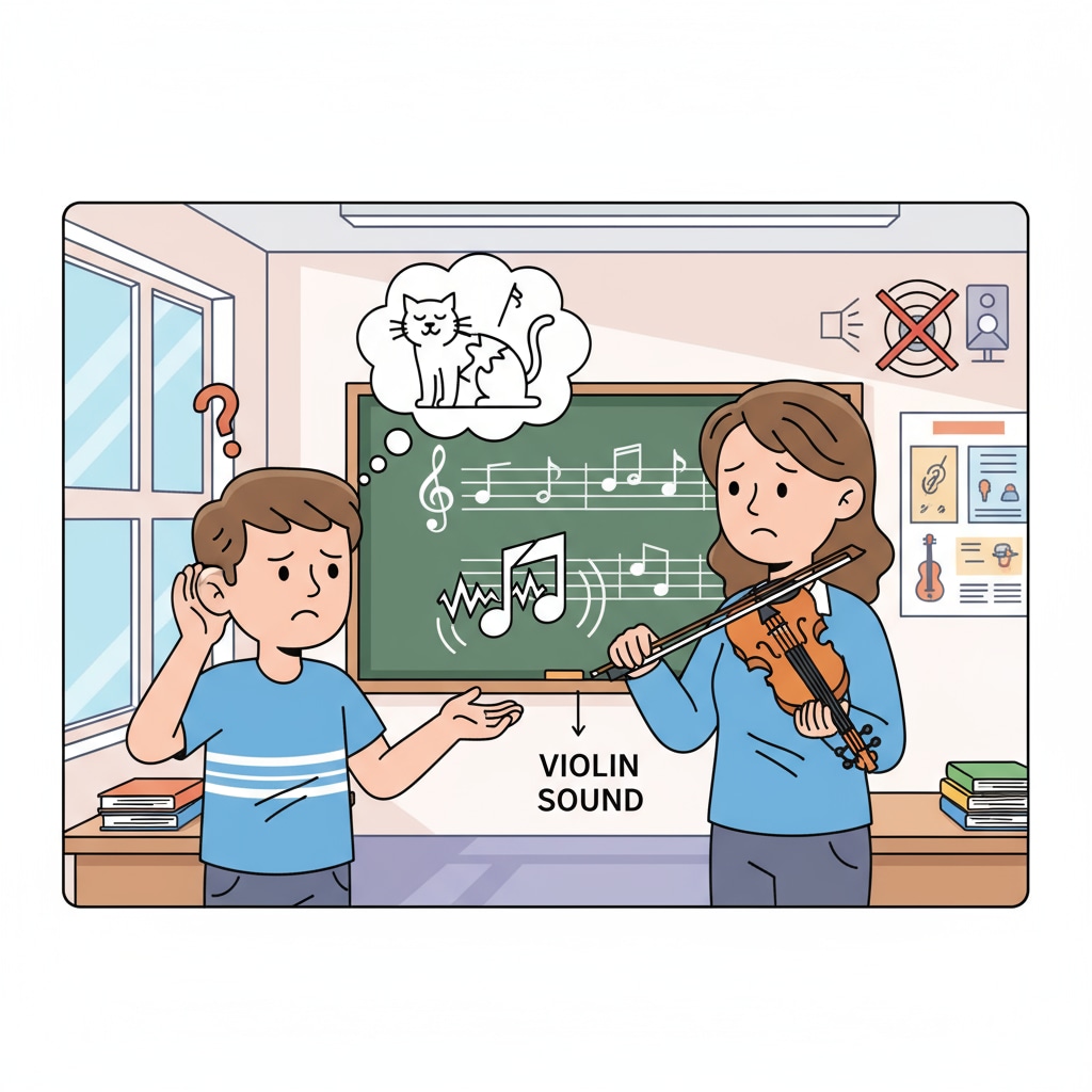 A student confused by the similarity between violin sound and crying in a music class