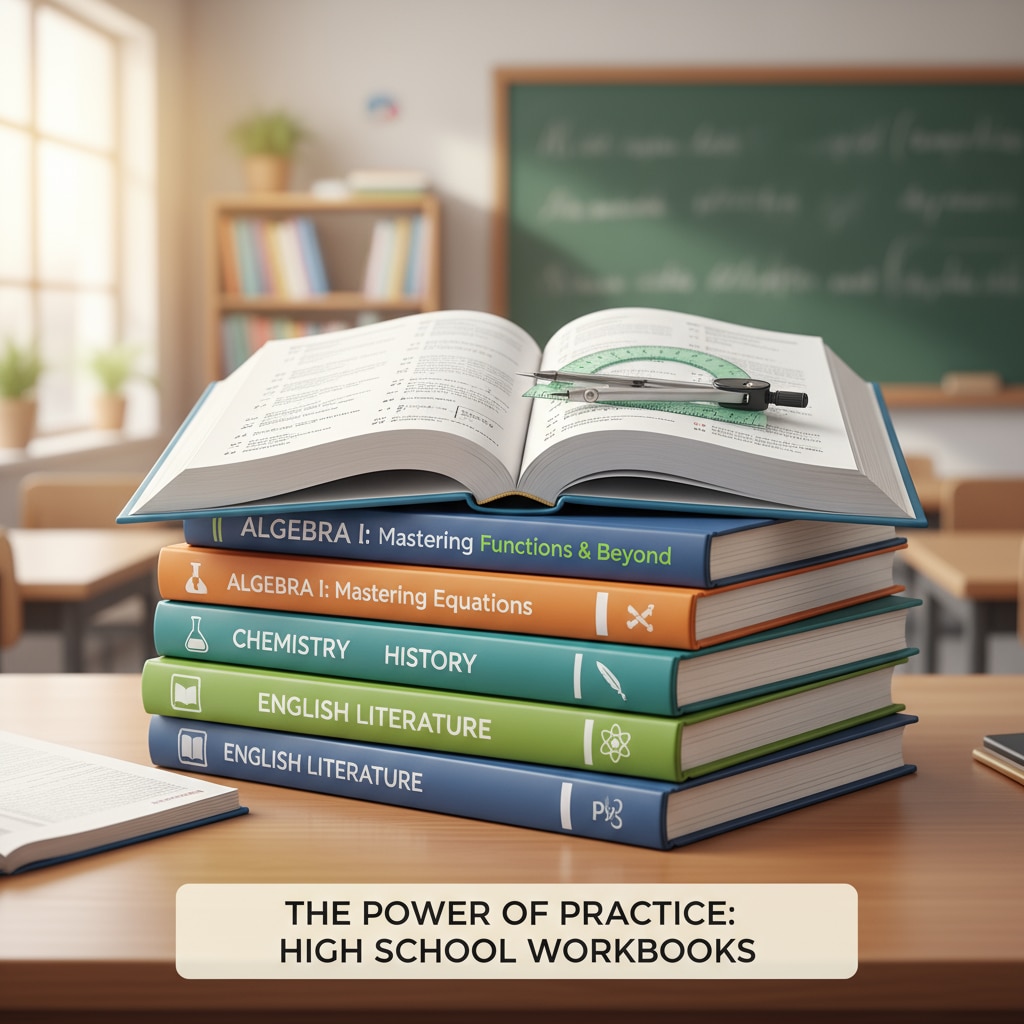 A stack of high school workbooks with algebra books on top, indicating the importance of workbooks in high school learning, especially for algebra. High school workbooks with algebra books for basic knowledge review