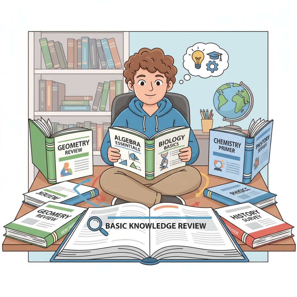 A student comparing different high school workbooks, representing the process of selecting the right workbook for high school basic knowledge review. Student comparing high school workbooks for basic knowledge review