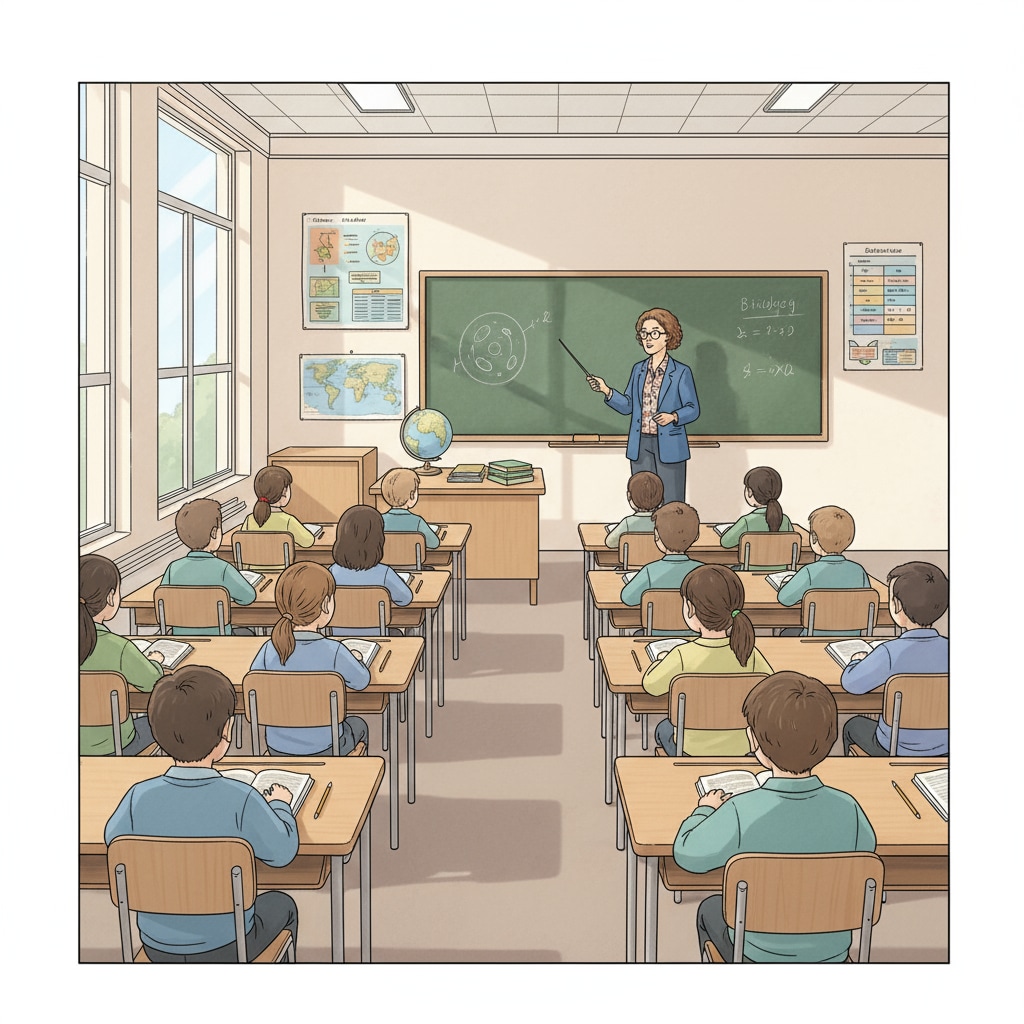 A classroom with desks arranged in rows, a blackboard at the front, and students sitting quietly listening to the teacher. Traditional primary education classroom setup related to educational innovation, teaching methods, and curriculum reform