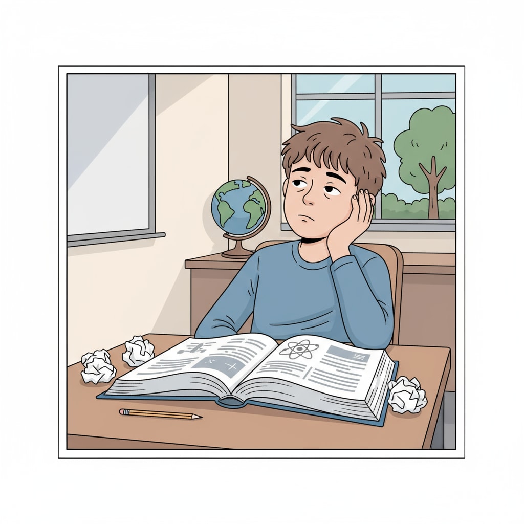 A single student sitting at a desk, looking uninterested with a book open in front of them. Bored student in a traditional primary education classroom relevant to educational innovation, teaching methods, and curriculum reform