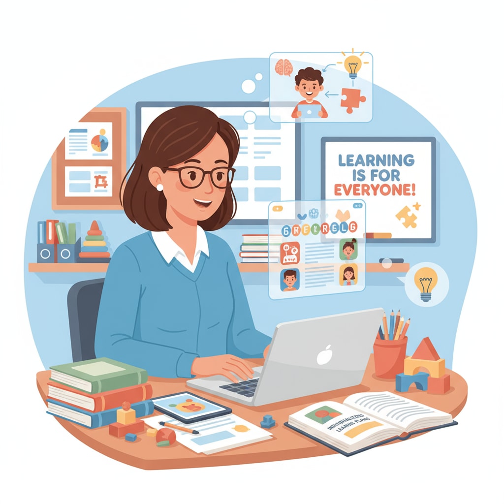 A special education teacher working on creating educational content on a laptop. A special education teacher engaged in creating educational content for remote part-time income.