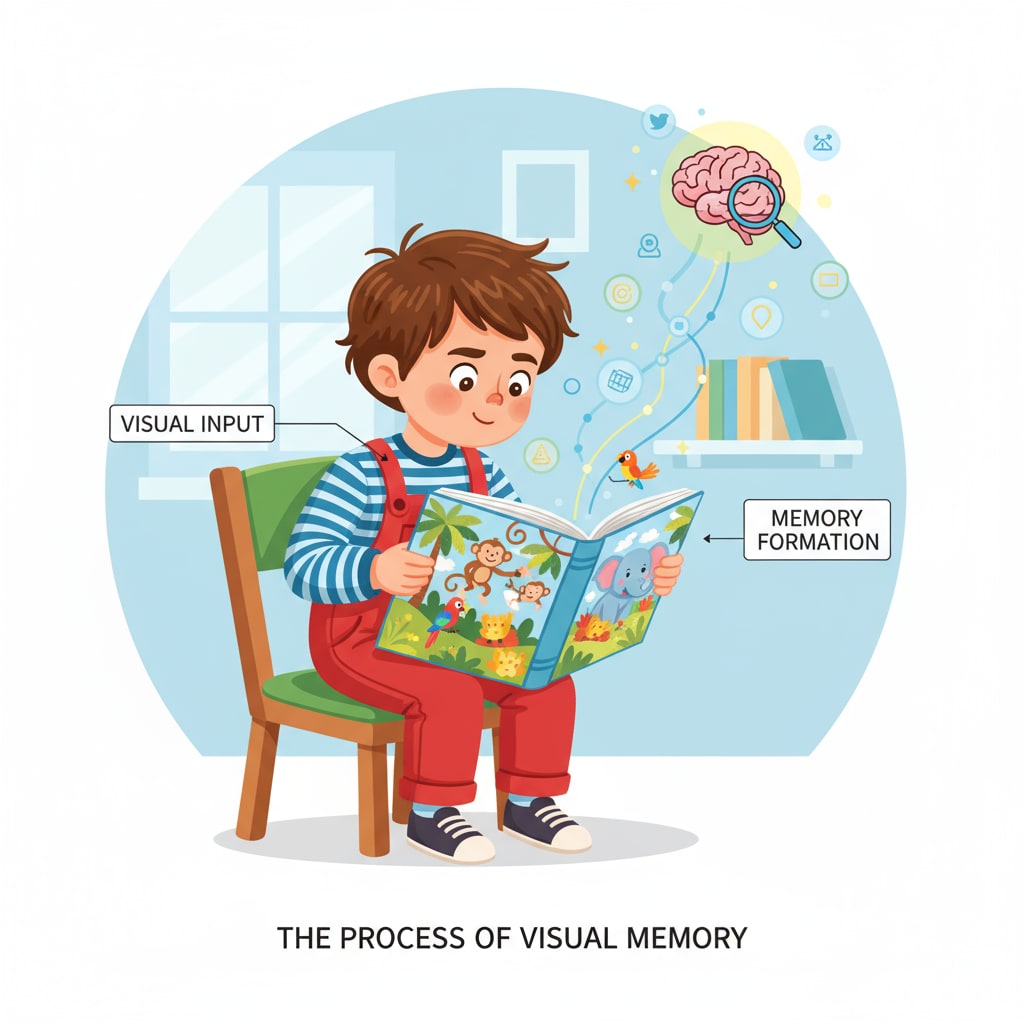 A young child is sitting on a chair, looking intently at a colorful picture book. The child's expression shows curiosity and engagement, which is related to the process of forming visual memories. A child looking at a picture book for visual memory formation in memory development