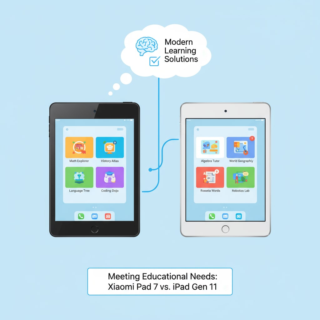 The image shows the Xiaomi Pad 7 and iPad Gen 11 side by side with educational apps displayed on their screens, highlighting their potential for meeting learning needs. Comparison of Xiaomi Pad 7 and iPad Gen 11 for learning needs through product comparison